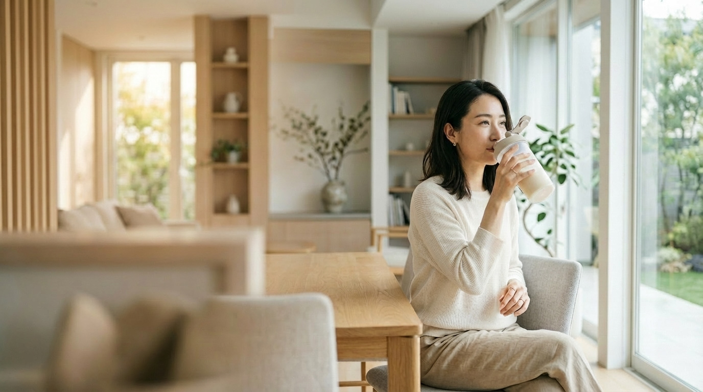 明るい室内でプロテインシェイカーを飲む女性